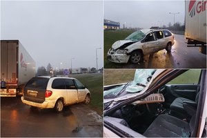 Avarija Vilniaus prieigose: susidūrė vilkikas ir lengvasis automobilis, nukentėjo girtas vairuotojas