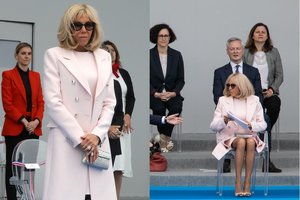 67-erių Brigitte Macron puošėsi rausva spalva, bet svarbiausios savo stiliaus detalės nepamiršo