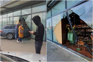 Kuriozinė avarija Pasvalyje: BMW su stiklais įlėkė į „Norfos“ alkoholio skyrių