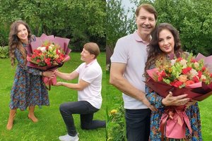 Perlinių vestuvių proga Petras Kazlauskas Livetą apipylė gėlių žiedais