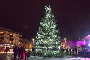 Vilkaviškis pasitinka žiemos šventes: sužibo tūkstančiais lempučių nušvitusi miesto eglė