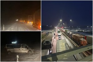 Pasipylęs sniegas siaubia Lietuvą: kelias Kaunas-Marijampolė-Suvalkai – beveik nepravažiuojamas, vilkikai slysta į griovius