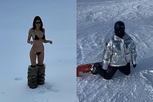 K. Jenner atostogos Aspene: sniegynuose pozavo tik su maudymosi kostiumėliai ir prabangiais kailiniais batais