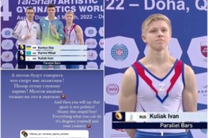 Rusijos gimnasto niekinga provokacija: prie auksą laimėjusio ukrainiečio atsistojo su agresoriaus karine simbolika