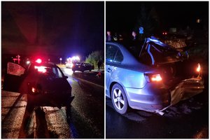 Per plauką nuo tragedijos: girto vairuotojo Vilniaus r. taranuotas moters automobilis vos nepalindo po sunkvežimiu