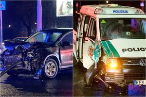 Vilniuje į iškvietimą skubėjęs pareigūnų automobilis pakliuvo į avariją, nukentėjo vaikas ir policininkė