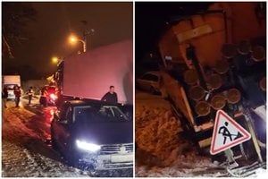 Sniegas sukėlė chaosą: Aukštadvario miestelyje vilkikas užblokavo kelią, eismas visai sustojo