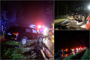 Dviejų „Audi“ kaktomuša Vilniuje: per avariją nukentėjo moteris, eismas Nemenčinės plente – blokuojamas