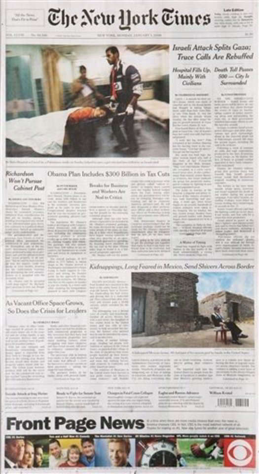 Spalvotas skelbimas puslapio apačioje reklamuoja CBS televiziją po antrašte „Front Page News“ (Pirmojo puslapio naujienos).