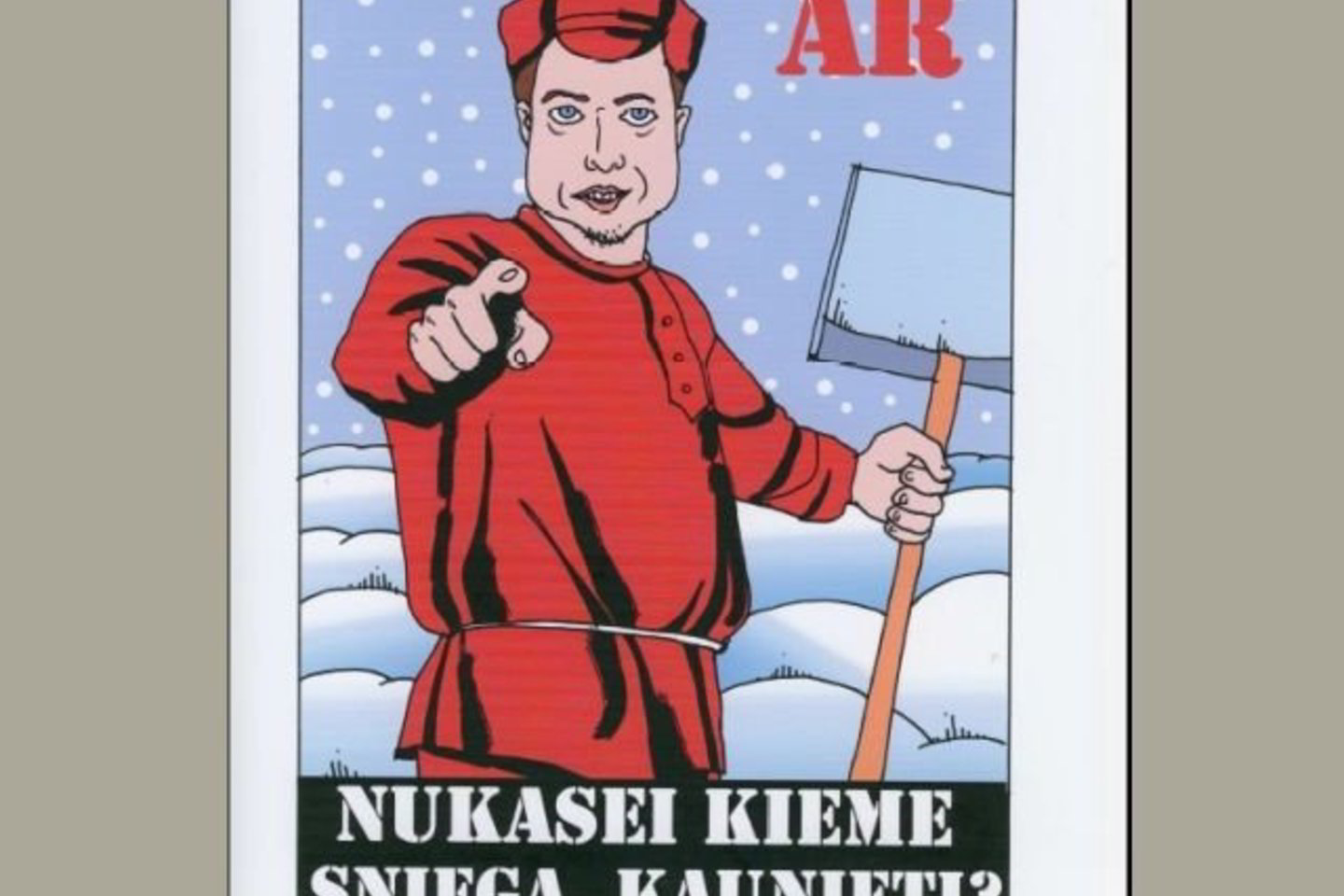 Meras tokiais plakatais ragina nusikasti sniegą.