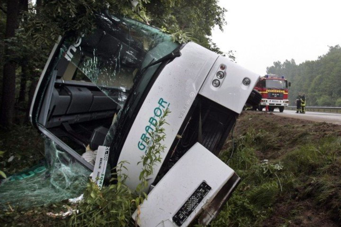 Autobusas nuvirto šalia kelio.