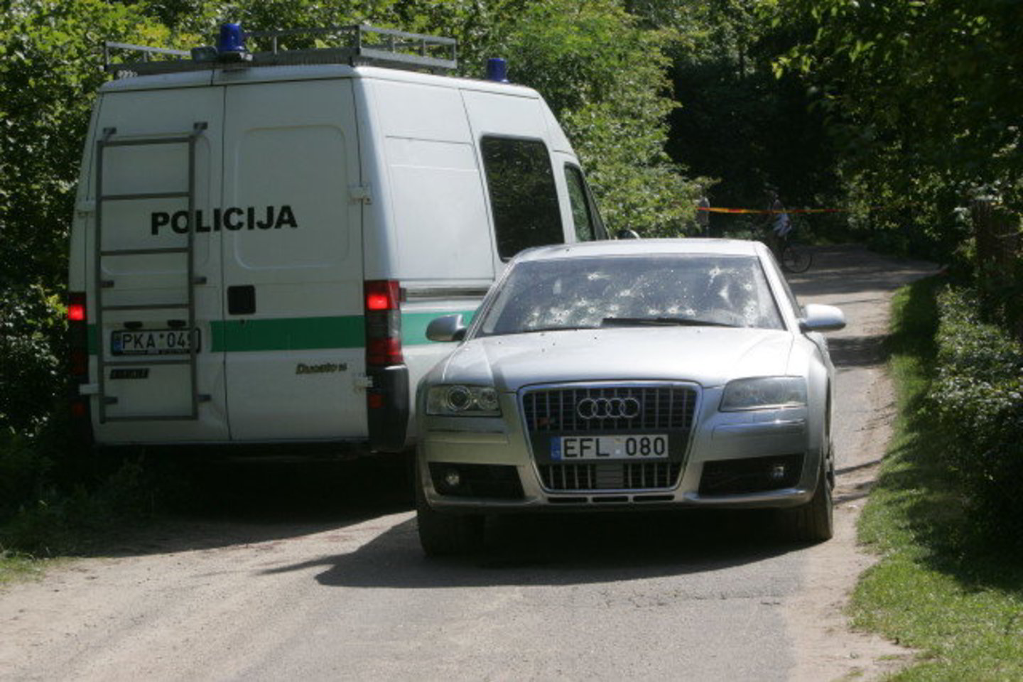 Automobilis „Audi“ buvo suvarpytas kulkų.