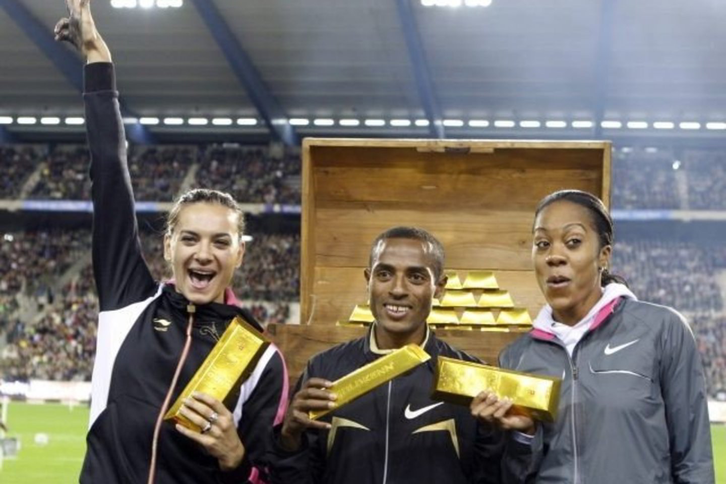Tarptautinės lengvosios atletikos federacijos (IAAF) „Aukso lygos“ varžybų laureatais tapo iš kairės rusė J.Isinbajeva (kartis), Etiopijos atstovas K.Bekele (3000/5000 m) ir amerikietė S.Richards (400 m).