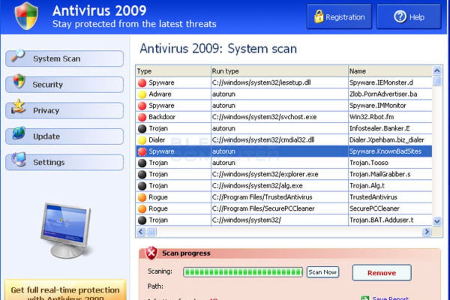 Sukčių platinamos nemokamos kompiuterinio saugumo programos, poavyzdžiui, „Antivirus 2009“ kompiuteriuose aptinka dešimtis ar šimtus netikrų pavojų, kuriuos panaikinti galima tik įsigijus „visavertę“ programos versiją.