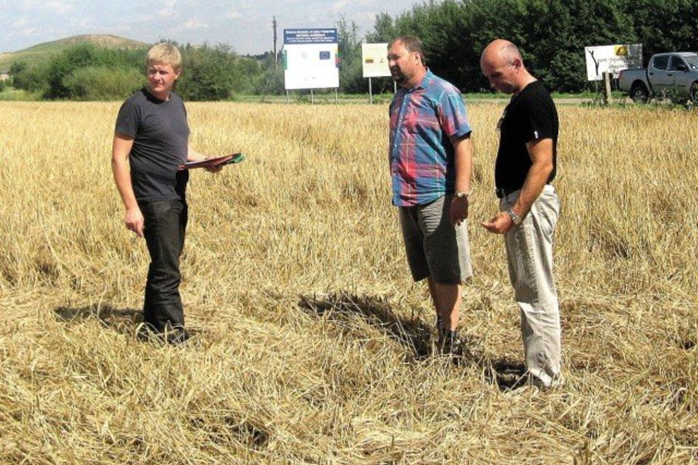 Liūčių ir krušos išguldytus javų laukus apžiūri „Vereinigte Hagelversicherung VVaG“ filialo „VH Lietuva“ regioninio draudimo vadovas Martynas Rusteika, žalų ekspertas ūkininkas Linas Vaičiūnas ir ŽŪB „Ginkūnų agrofirma“ vyr. agronomas Alvydas Ivanavičius.