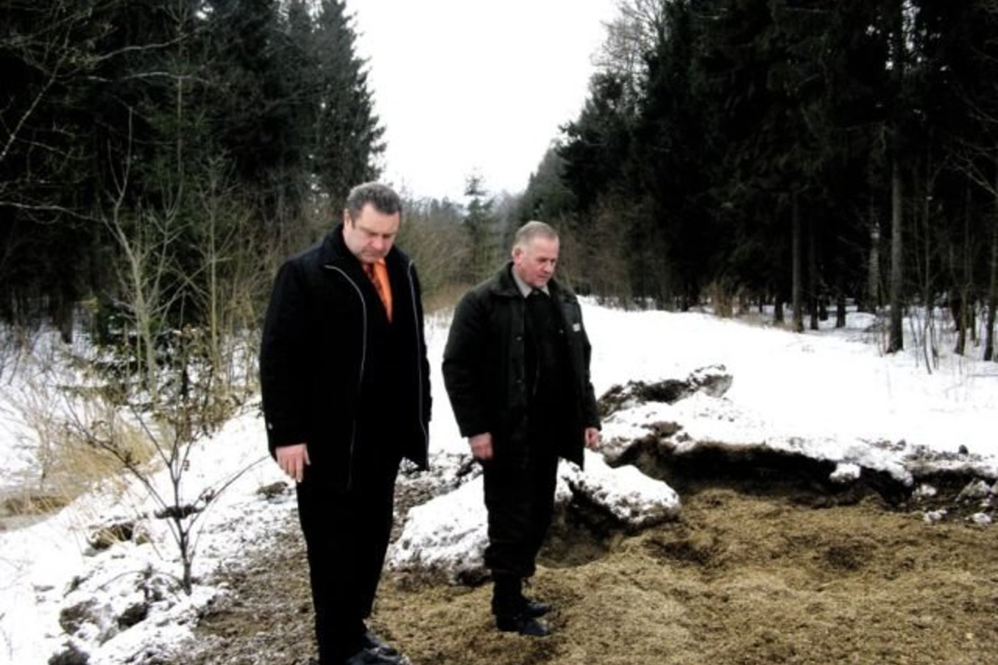 Kauno regiono aplinkos apsaugos departamento Gyvosios gamtos apsaugos inspekcijos viršininkas Alvydas Glinskis ir eigulys Romas Naruševičius apžiūri šėrimo aikštelę.