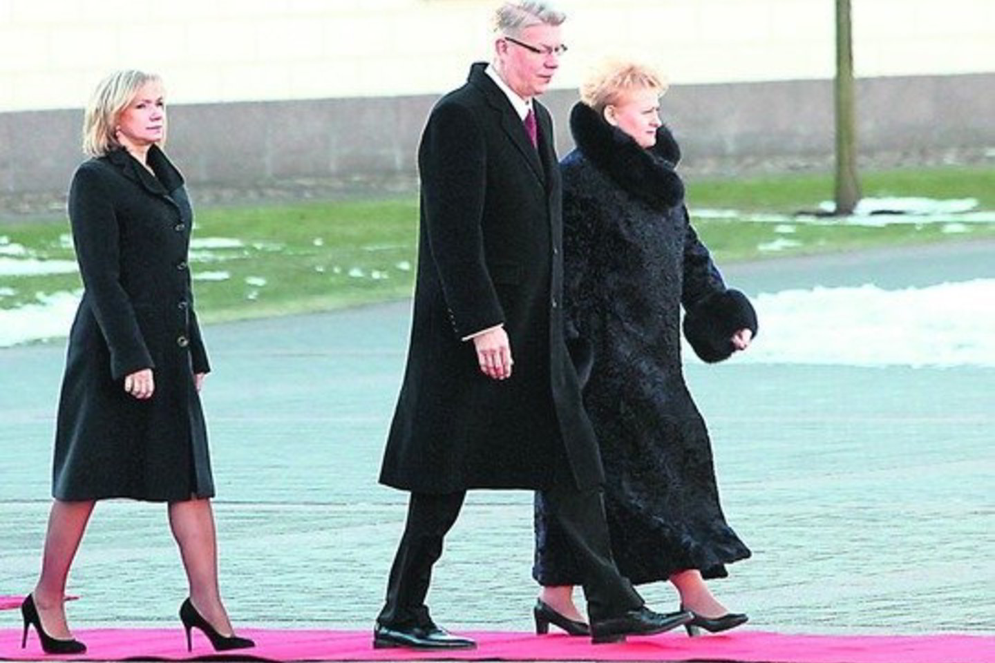 Prezidentūros kieme raudonuoju kilimu žengė V.Zatleras ir D.Grybauskaitė, kiek atsilikusi – svečio žmona L.Zatlerė.