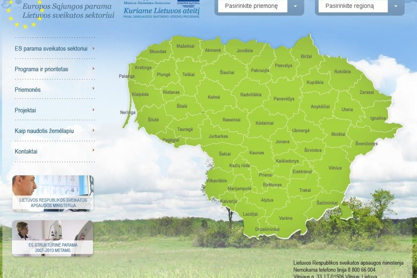 Sveikatos apsaugos ministerijos (SAM) internetinėje svetainėje pateiktas Lietuvos žemėlapis. Pelyte nuvedus ant kurio nors rajono, pasirodo sumos bei galimybė paskaityti apie finansuotus projektus.