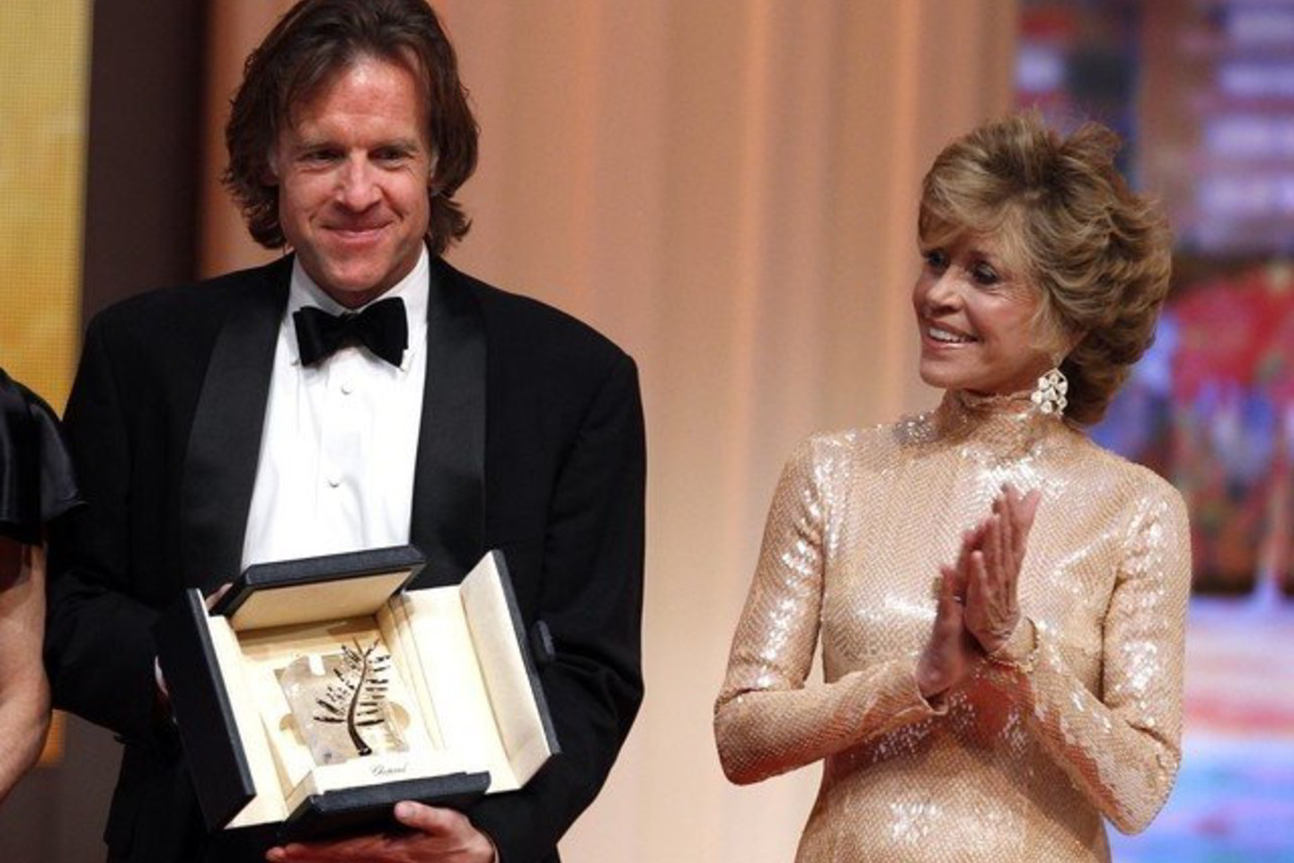 Prodiuseris Billas Pohladas rodo apdovanojimą, kurį Kanų kino festivalyje gavo filmas "Gyvybės medis". Greta jo - aktorė Jane Fonda.