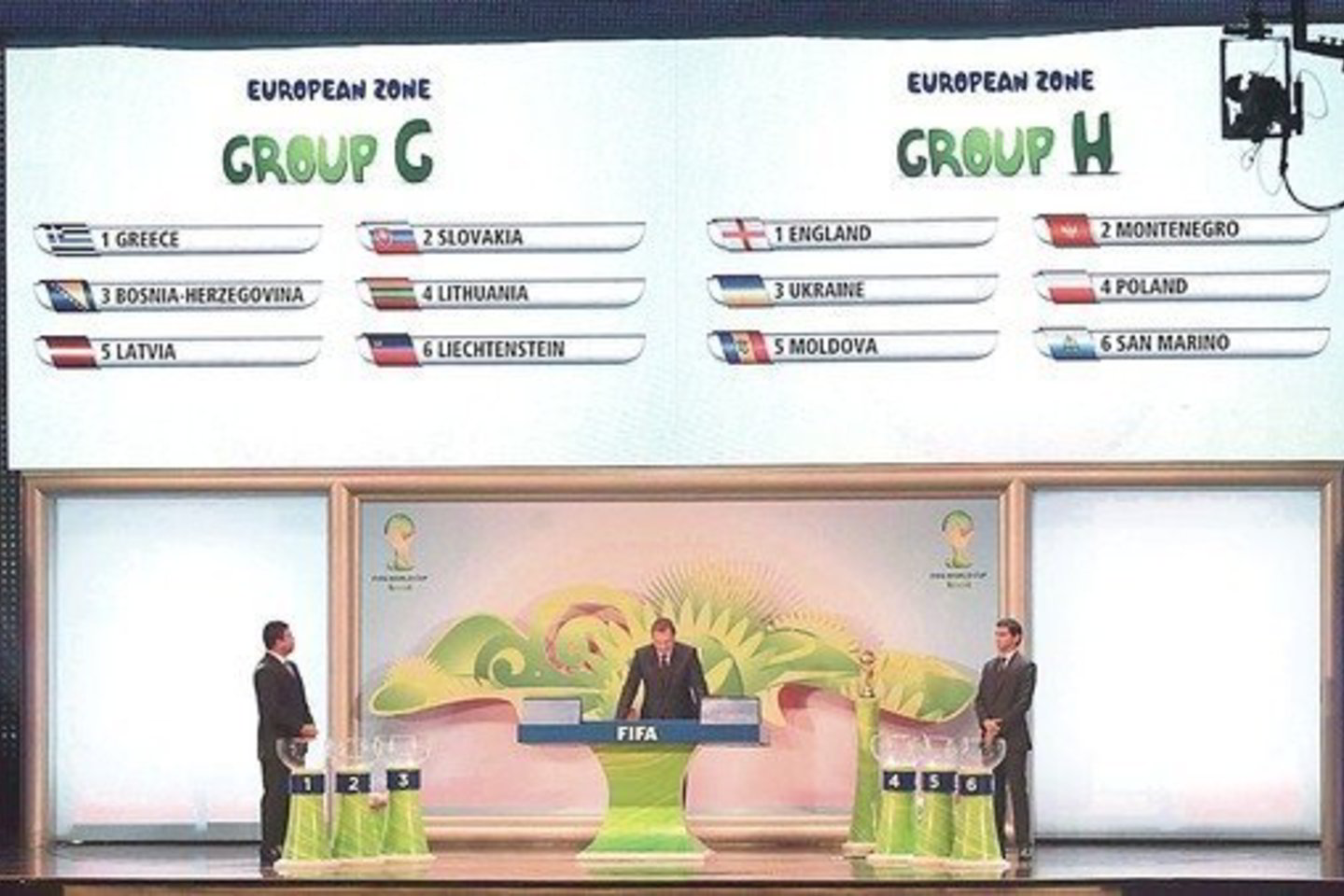 Burtų ceremonijai vadovavo FIFA generalinis sekretorius J.Valcke’as, o Europos šalių komandas į krepšelius dėliojo brazilai Ronaldo (kairėje) ir P.Ganso.