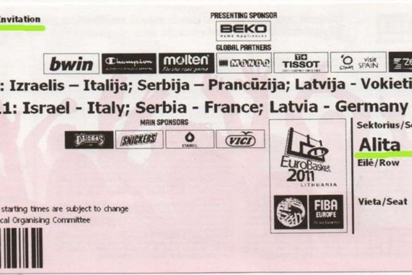 Pasak gerai informuoto šaltinio, šie bilietai-kvietimai platinami savivaldybės sporto skyriuje.