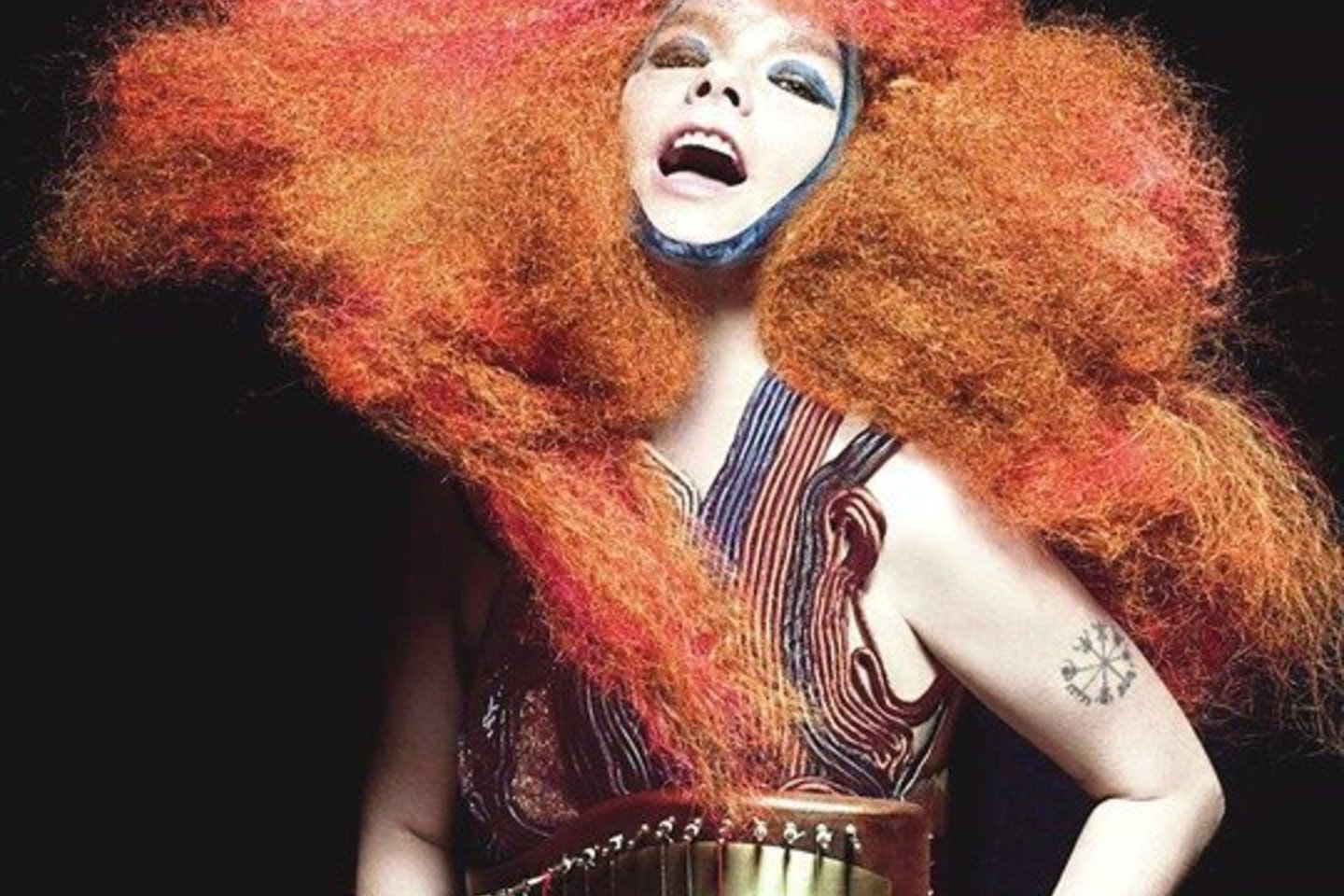 Su didžiuliu oranžinės ir rožinės spalvų peruku Björk naujajame projekte atrodo kaip disko muzikos eros žvaigždė.