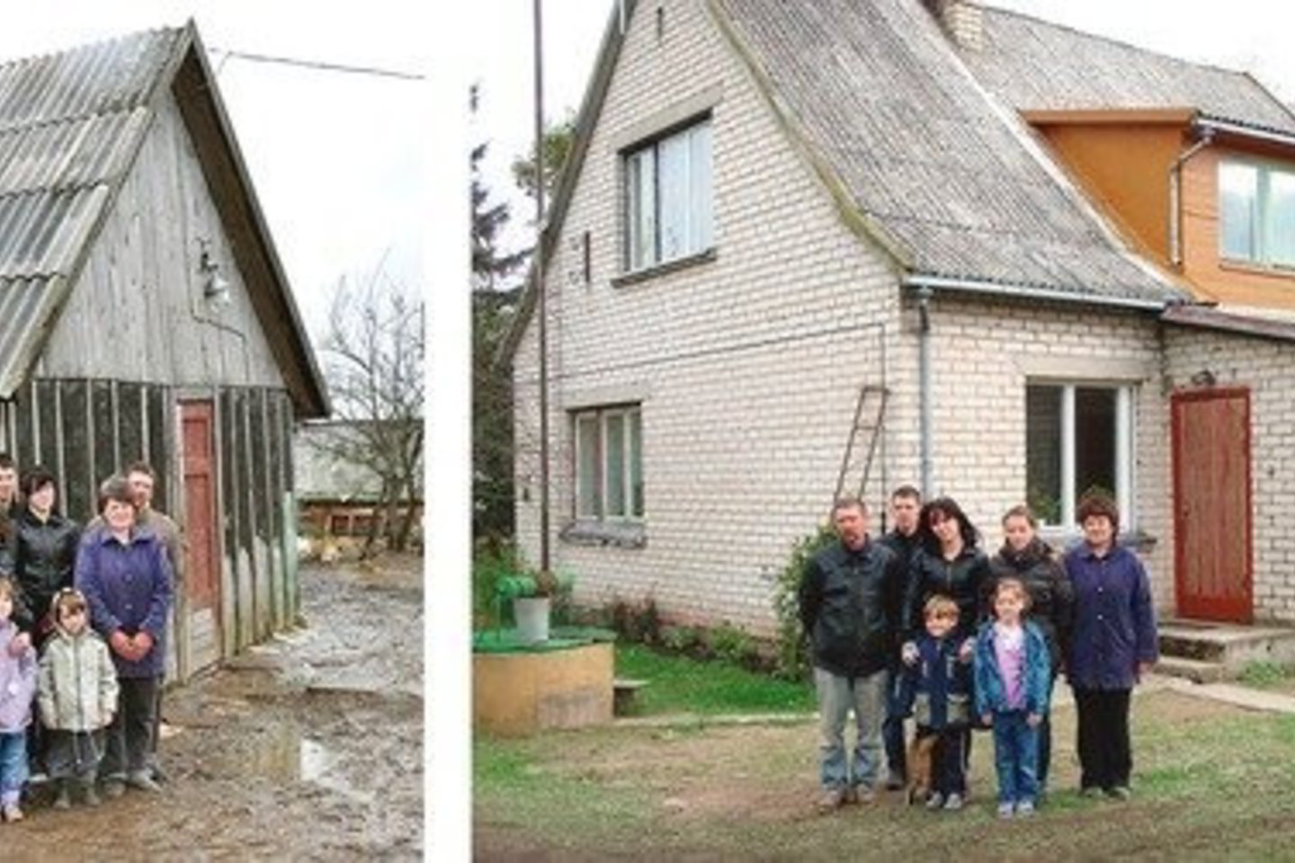 Pašiūrėje aštuonių asmenų šeima po gaisro gyveno net keliolika metų (nuotr. kairėje). Neseniai jie persikėlė į padovanotą mūrinį namą su sodu.