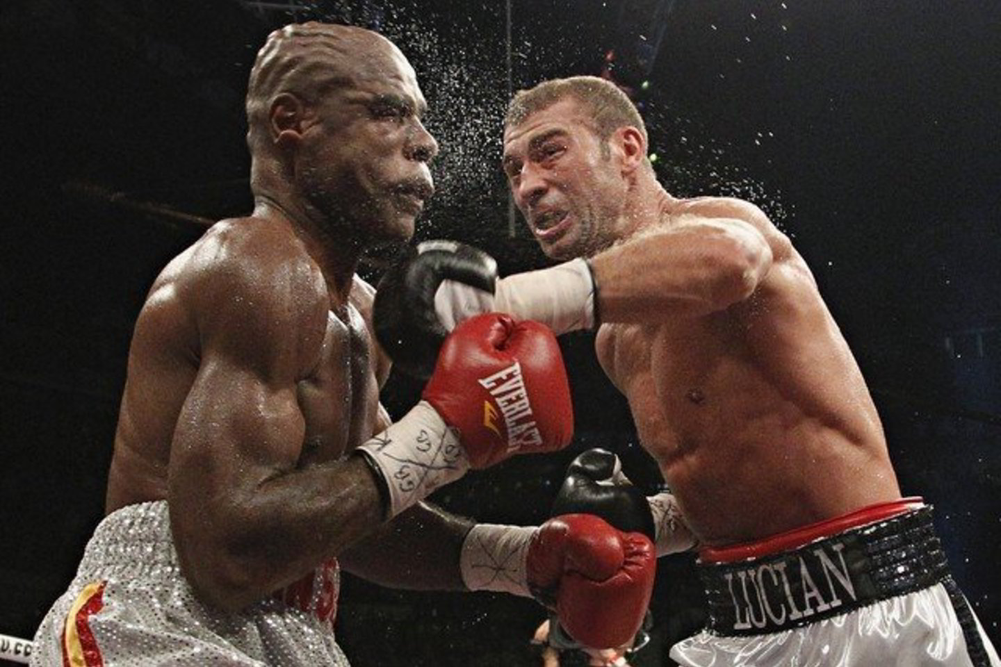 Bokso mačas Kvebeke dėl IBF čempiono diržo: rumunas Lucianas Bute grumiasi su Jamaikos atstovu Glenu Johnsonu.