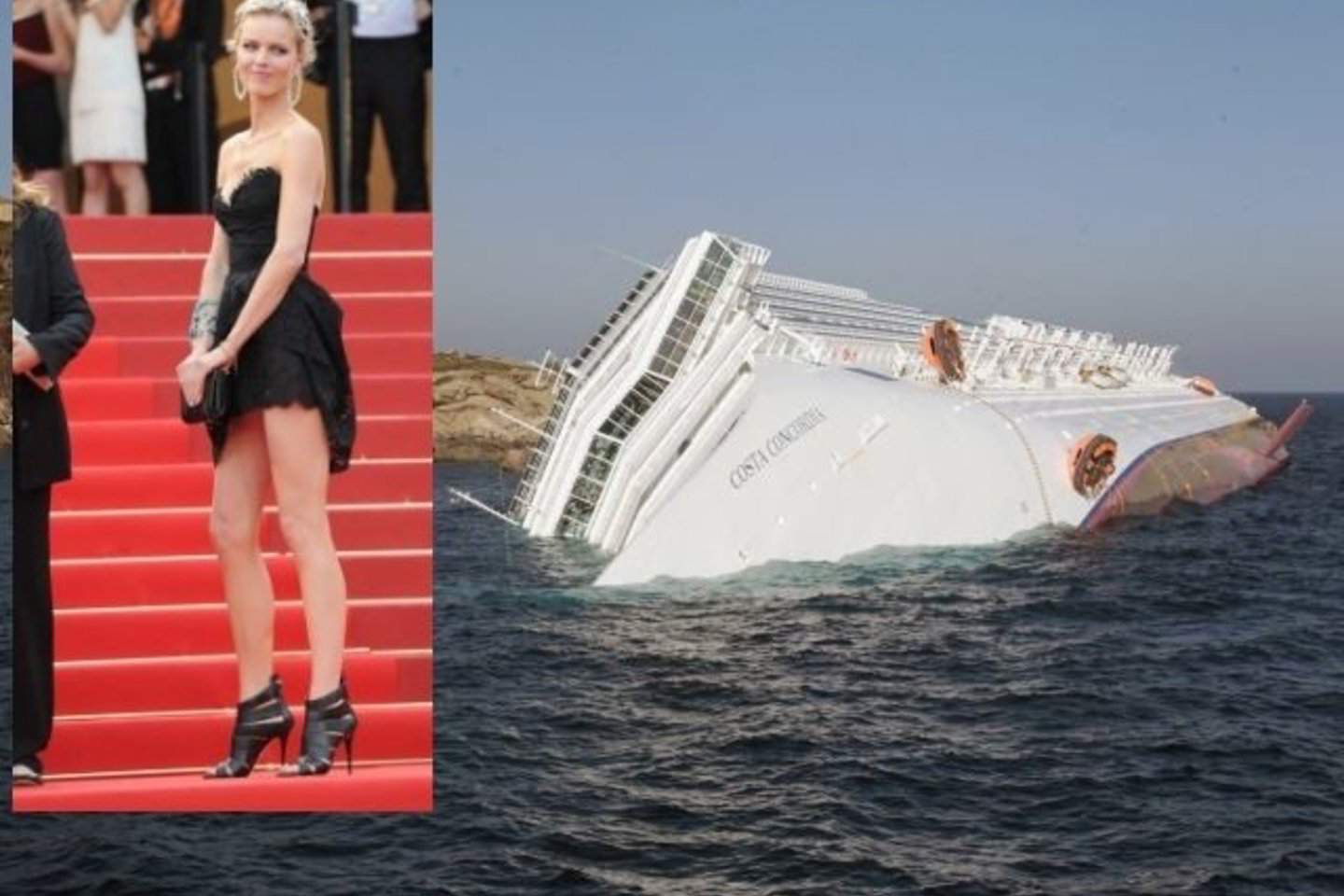 E.Herzigova prieš 6 metus dalyvavo laivo pristatymo šventėje, o dabar stebi, kaip „Costa Concordia“ bejėgiškai guli prie Džiljo salos.