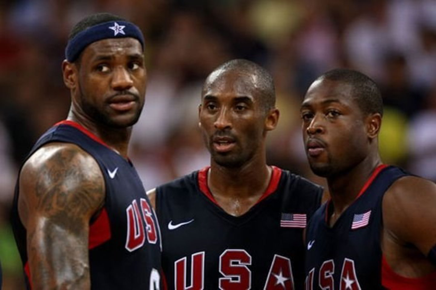 JAV rinktinės lyderiai (iš kairės) L.Jamesas, K.Bryantas ir D.Wade'as.