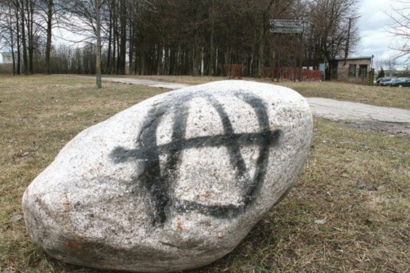 Šuns letenos rastos prie anarchistų ženklu pažymėto akmens Kalniečių parke.