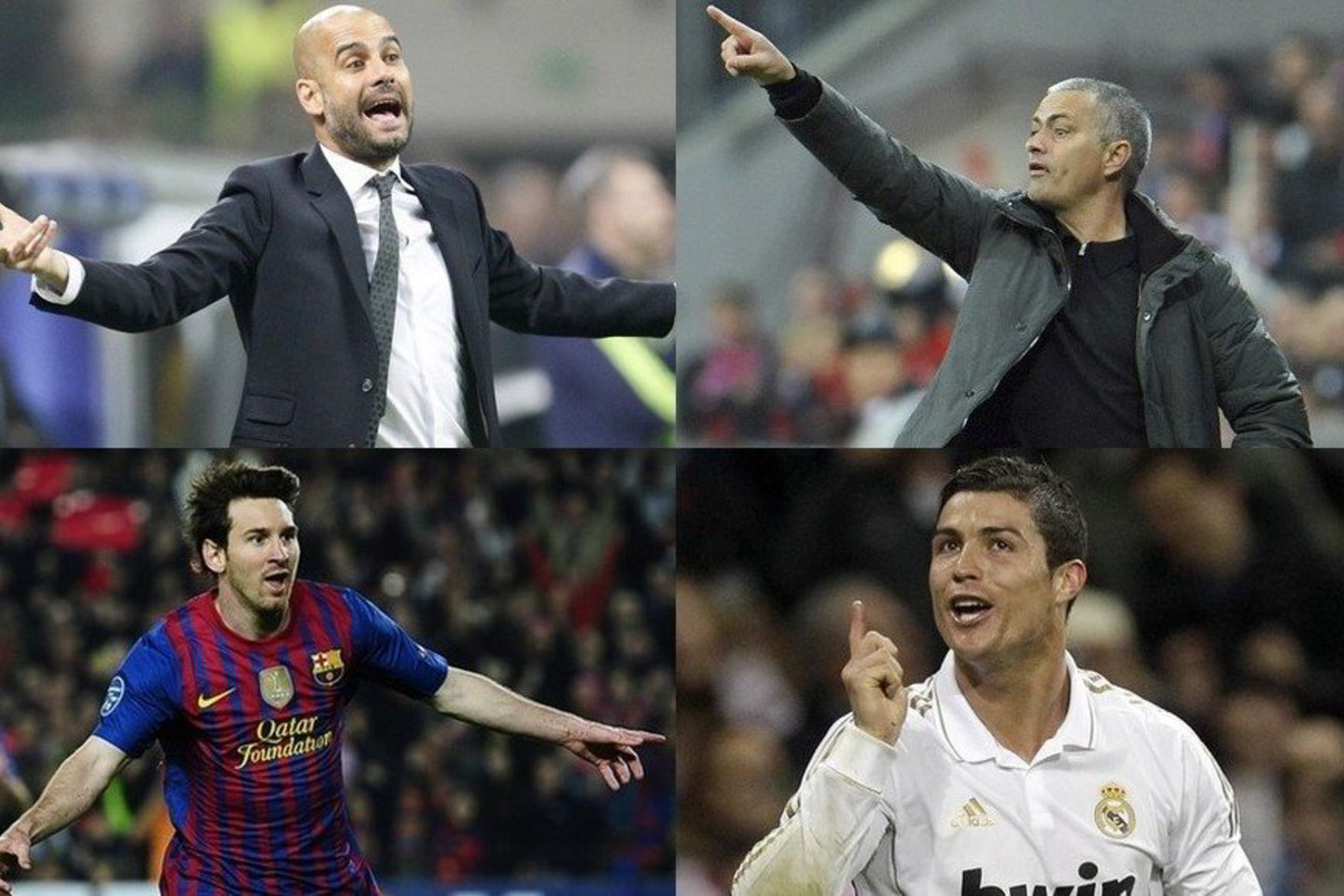 Šeštadienio „El Clasico“: J. Guardiola (viršuje, kairėje) prieš J. Mourinho. L. Messi (apačioje, kairėje) prieš C. Ronaldo.