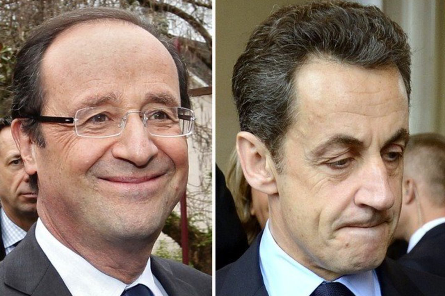 F. Hollande'o (kairėje) ir N. Sarkozy nuotaikos po pirmojo rinkimų turo buvo skirtingos.