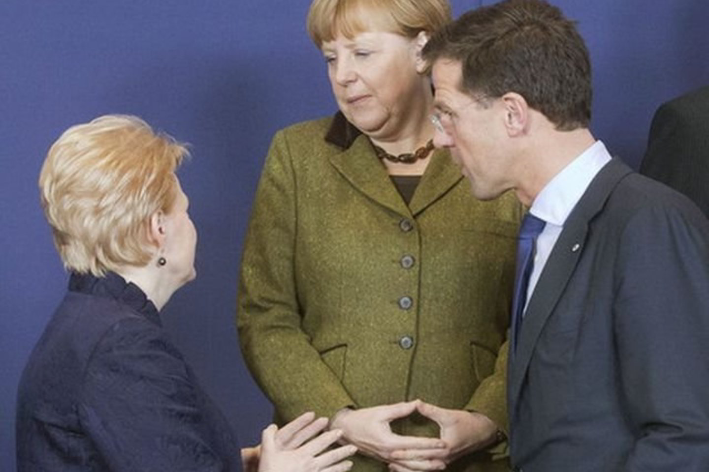 D. Grybauskaitė (kairėje) diskutuoja su Vokietijos kanclere A. Merkel ir Nyderlandų ministru pirmininku M. Rutte.