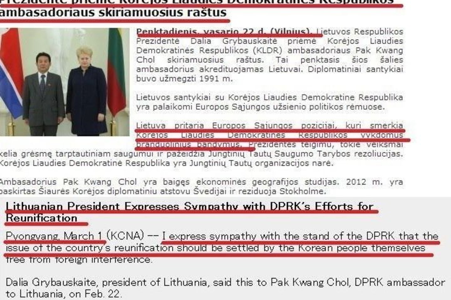 Šiaurės Korėja ir Lietuva skirtingai nušvietė Dalios Grybauskaitės ir korėjiečių ambasadoriaus susitikimą.