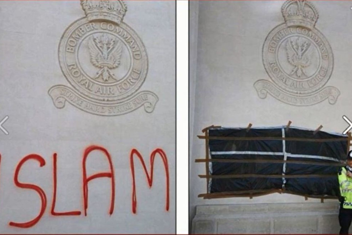 Ant paminklų raudonais kraują primenančiais dažais išpurkšti žodžiai „Islam“.<br>Youtube