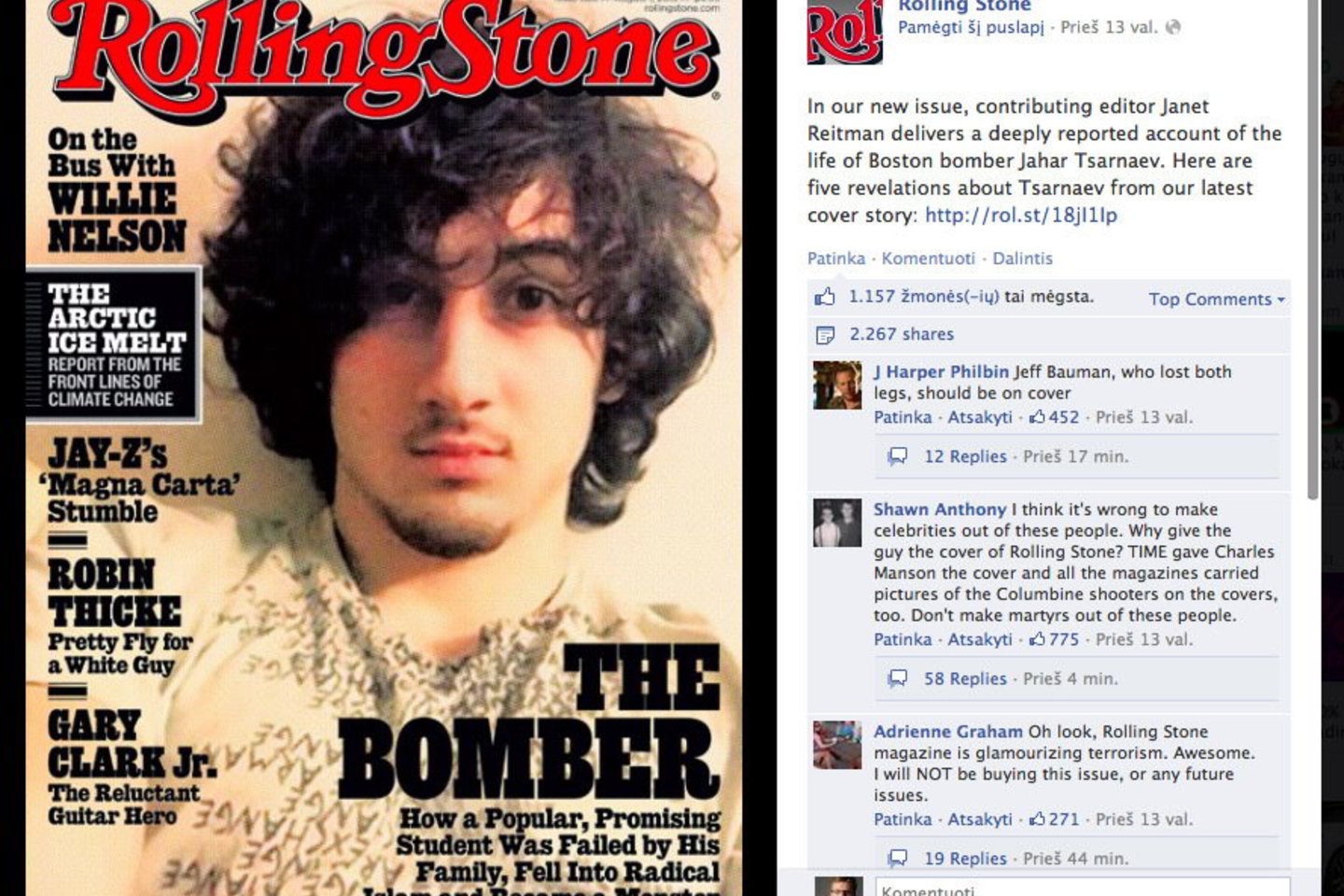 Žurnalo „Rolling Stone“ redakcijos sprendimas ne tik sukėlė sumaištį Baltuosiuose rūmuose, bet ir papiktino amerikiečius.<br>Facebook nuotr.