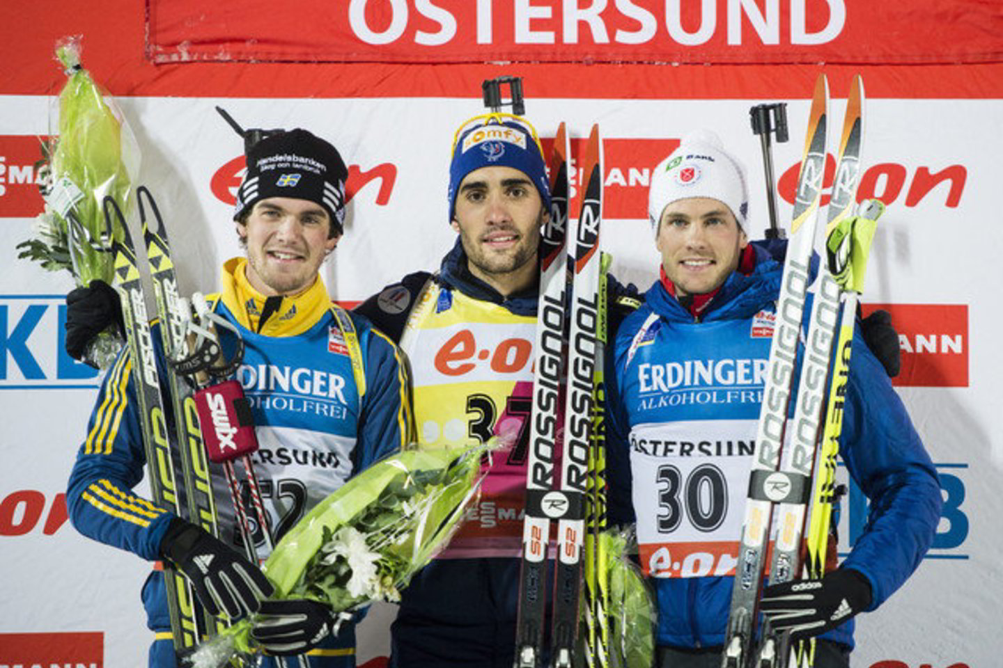 Varžybų nugalėtojai (iš kairės): F.Lindstromas, M.Fourcade'as ir T.Burke'as.