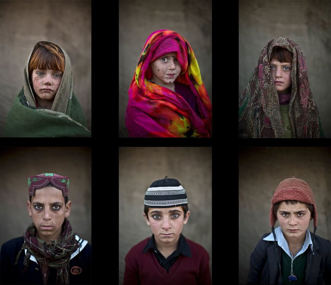 Iš nuotraukų žvelgia nevaikiškai rimti afganų pabėgėlių vaikų veidai.<br>AP nuotr.