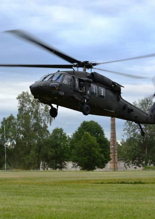 Į pratybas „Kardo kirtis 2014“ Gaižiūnų poligone greta Ruklos įsitraukė ir JAV kovinės aviacijos sraigtasparniai „Black Hawk“.<br>P.Babilo nuotr.