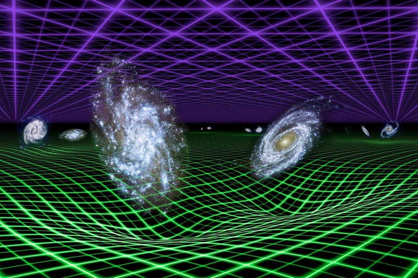 A.Einsteino bendrosios reliatyvumo lygtys aprašo, kaip medžiaga apie save išlenkia erdvę ir laiką, sukeldama pagreitėjimą, kurį interpretuojame kaip traukos jėgą, ir, stambiausiu masteliu, lemia visatos evoliuciją.<br>NASA/JPL-Caltech iliustr.