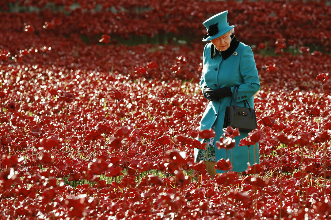 Anglijos karalienė Elizabeth II apžiūrėjo daugiau nei 888 tūkst. aguonų jūrą.<br>Reuters nuotr.