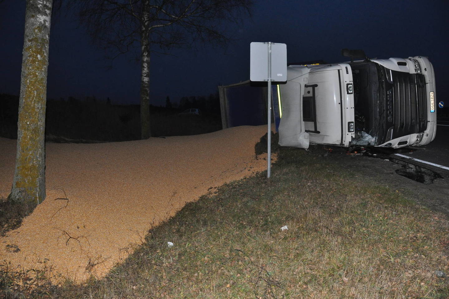 Telšių rajone apvirto grūdus vežęs vilkikas.