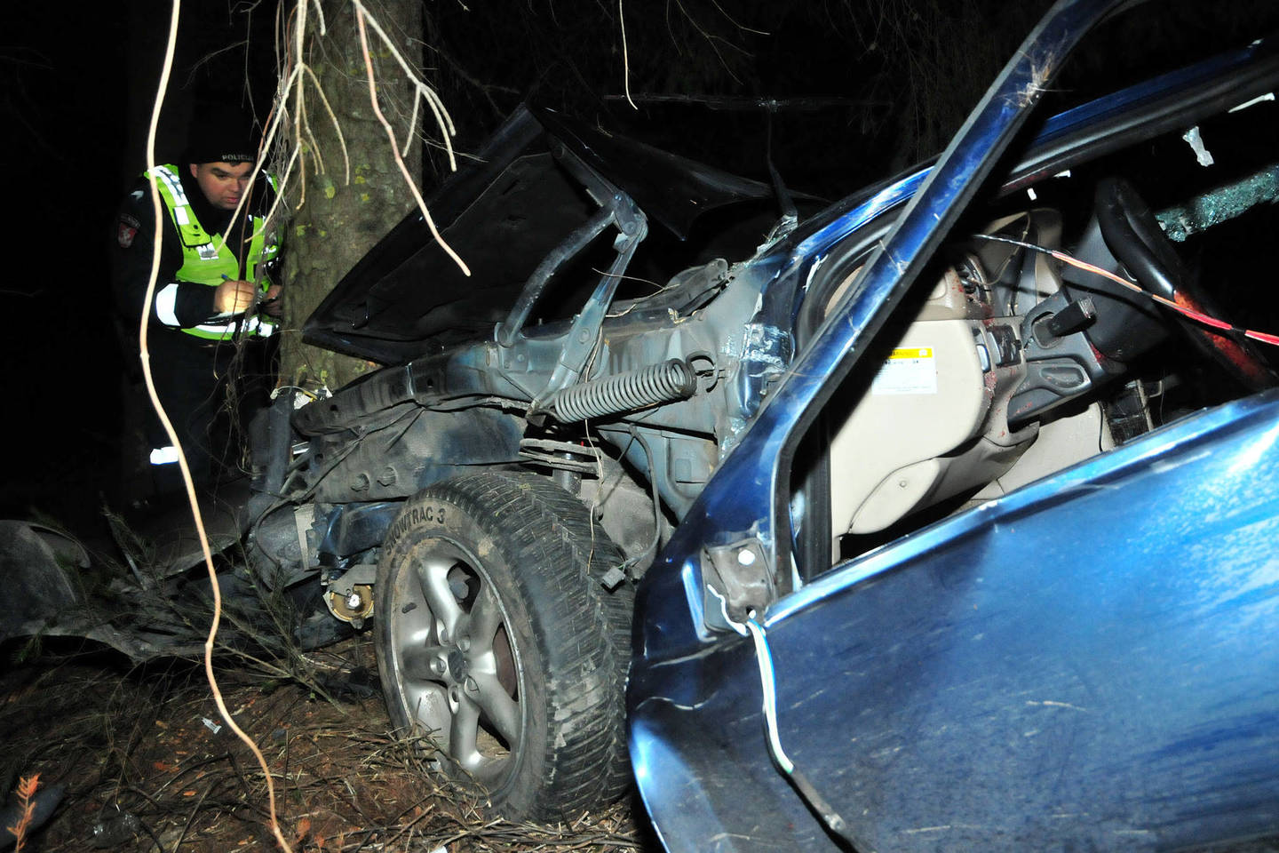 Po susidūrimo su briedžiu „Volvo“ nuskriejo į medžius – vairuotojas žuvo, keleivė sužeista.<br>A.Vaitkevičiaus nuotr.
