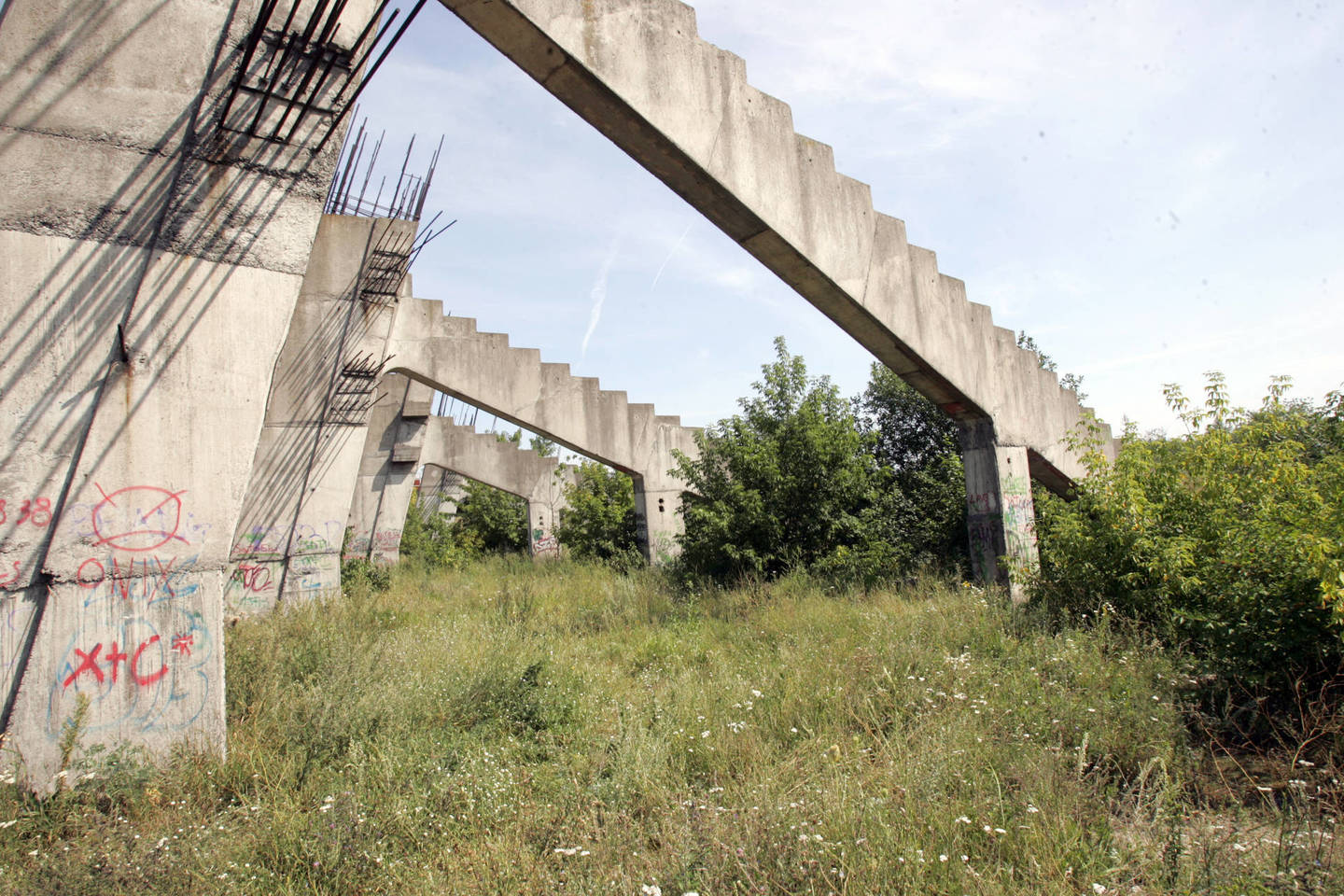 Ant Šeškinės kalvos stūkso pradėto statyti stadiono griaučiai.