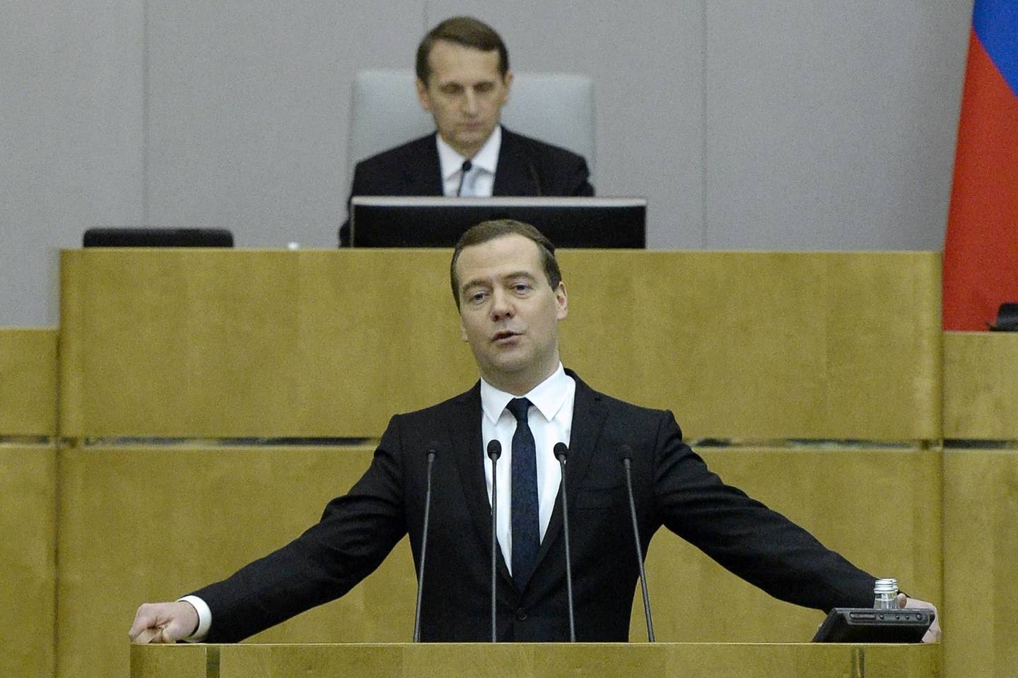 Rusijos premjeras Dmitrijus Medvedevas.<br>AFP/Scanpix nuotr.