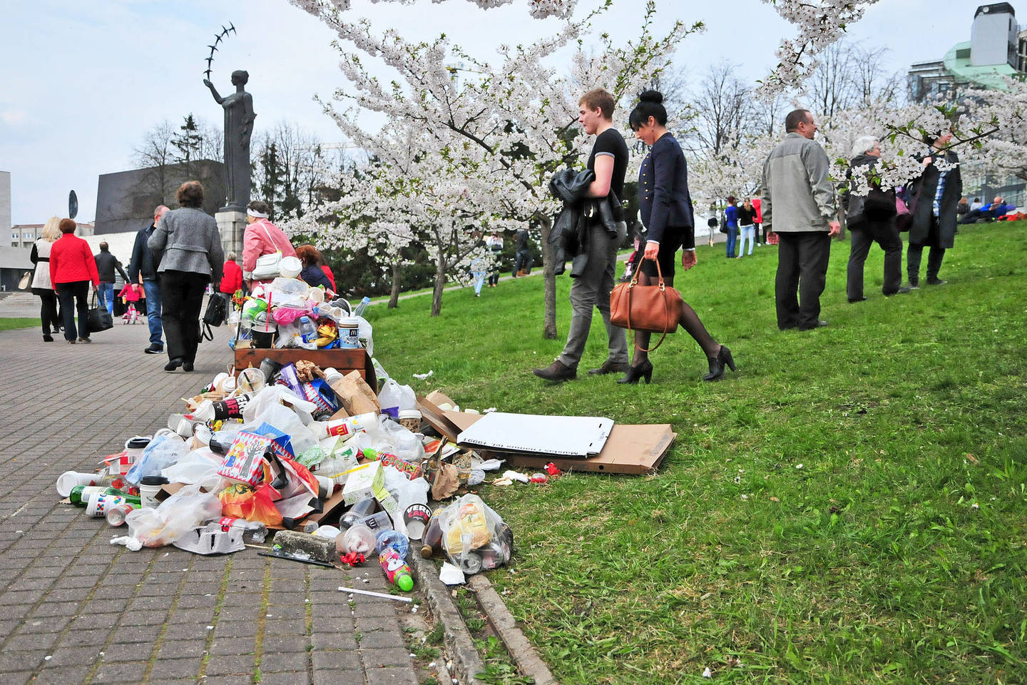 Sakurų žydėjimas Vilniaus šiukšlininkus užklupo netikėtai.