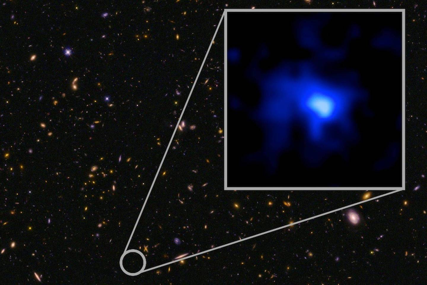Galaktika EGS-zs8-1 yra „vienas ryškiausių ir masyviausių ankstyvosios Visatos objektų“.<br>NASA/ESA nuotr.