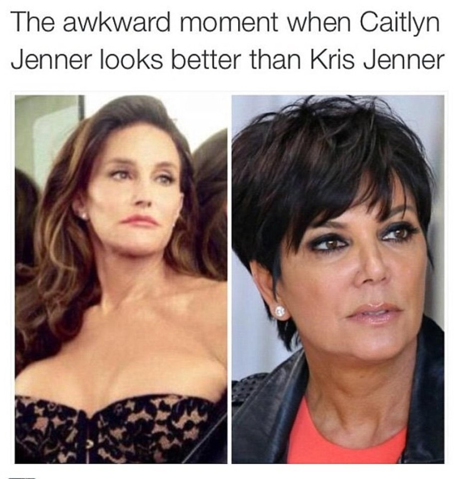 „Ta nejauki akimirka, kai suvoki, jog Caitlyn Jenner atrodo geriau nei Kris Jenner“, – rašoma prie vieno nuotraukų koliažo, kuriame pavaizduota Kardashianų klano matriarchė Kris (59 m.) ir moterimi tapęs buvęs jos vyras Bruce'as (65 m.).