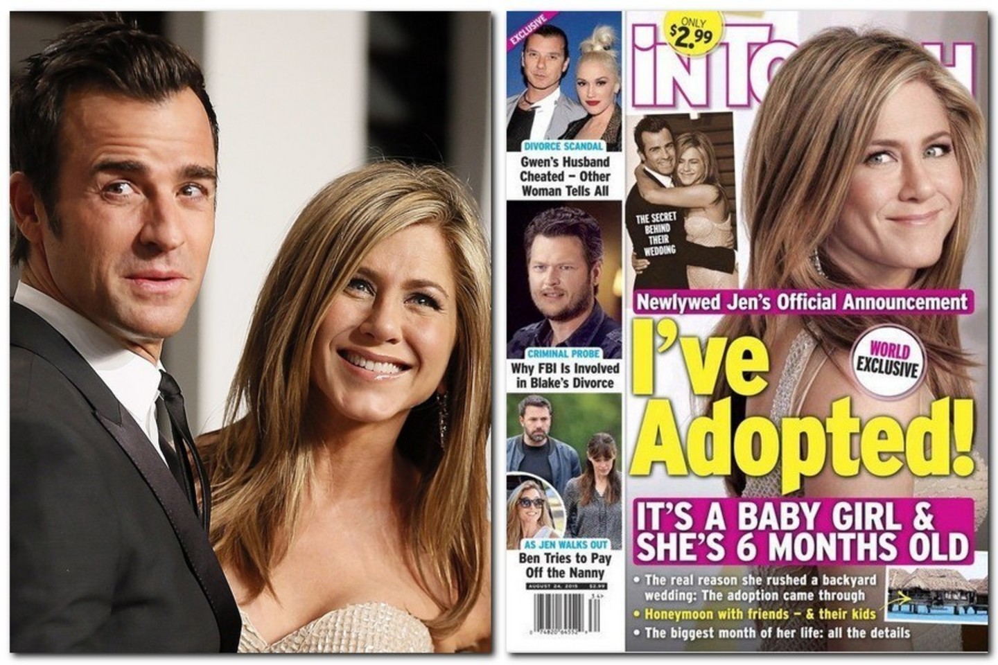 Gandai: po slaptų vestuvių J. Aniston ir J. Theroux įsivaikino mergaitę.<br>„In Touch“ žurnalo viršelis.